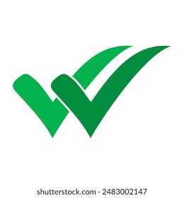 Double checking icon. Green double tick, check mark. Flat done sticker icon isolated on white. Accept button. Good for web and software interfaces. Vector illustration.