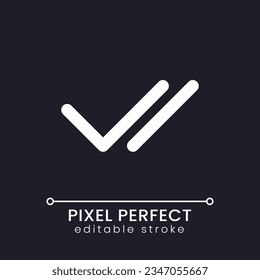 Double checkmark pixel perfect white linear ui icon for dark theme. Delivered and read. Vector line pictogram. Isolated user interface symbol for night mode. Editable stroke. Poppins font used