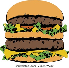 Double Cheese Burger Cartoon Pop Art Illustration Vector