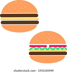 Double cheese burger without vegetable and a complete cheese burger with lettuce and tomato cartoon vector. Flat design.