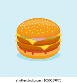 Double cheeseburger with beef, onion and cucumber. Burger isolated on blue background. Vector illustration.