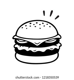 Double cheeseburger drawing, two patties burger illustration in vintage sketch style. Isolated black and white vector clip art.