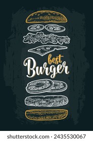 Double cheeseburger  with flying ingredients include bun, tomato, salad, cheese, onion, cucumber. Best burger lettering. Vector white vintage engraving illustration isolated on dark