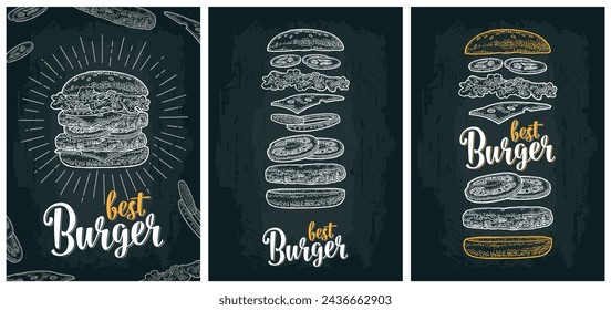 Double cheeseburger  with flying ingredients include bun, tomato, salad, cheese, onion, cucumber. Best burger lettering. Vector white vintage engraving illustration isolated on dark