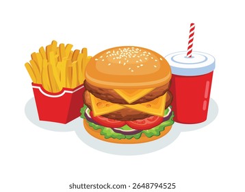 Cheeseburger duplo com batatas fritas e refrigerante ilustração vetor de vida morta. Hambúrguer, batatas fritas e refrigerante em um ícone de xícara conjunto vetor isolado em um fundo branco. Elemento de design Fast Food