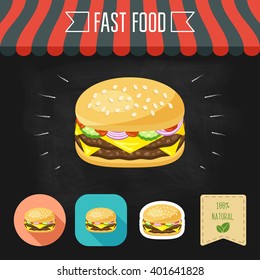 Double cheeseburger icon on a chalkboard. Set of icons and eco label. Flat design. Vector illustration