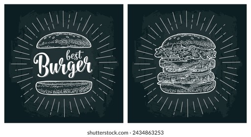 Double cheeseburger include cutlet, tomato, cheese, cucumber and salad with rays. Vector white vintage engraving illustration on dark chalkboard. Best burger lettering