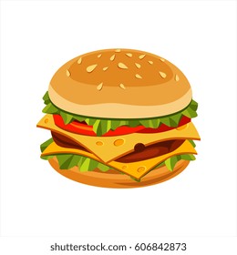 Double Cheeseburger Sandwich, Street Fast Food Cafe Menu Item Colorful Vector Icon