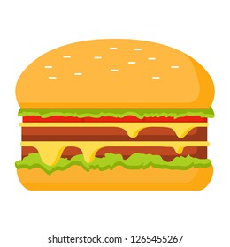 Double cheeseburger with tomato and lettuce leaves,cheese.Fast food hamburger fried beef cutlet.Roll bread with sesame.Vector flat cartoon.Icon isolated on white.