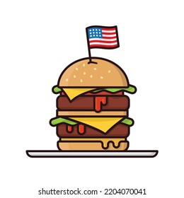 Double Cheeseburger with US flag filled outline style isolated vector illustration. American fast food symbol.