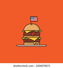 Double Cheeseburger with US flag filled outline style vector illustration. American fast food symbol.