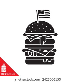 Double Cheeseburger with US flag glyph icon vector illustration. American fast food symbol.