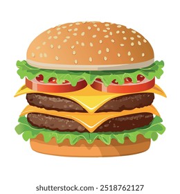 Doble Ilustración vectorial de hamburguesa con queso con lechuga y tomate