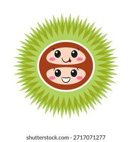 Castaño doble en burr, personaje de dibujos animados lindo y divertido, ojos grandes, cara sonriente feliz, estilo kawaii, Ilustración vectorial de iconos.