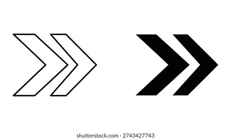 Double Chevron Arrows Pointing Right, Outline and Solid Black, Vector