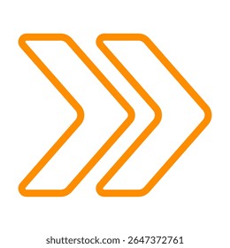 Ícone de divisa dupla. Setas contornadas apontando para a direita, representando o movimento de avanço, avanço rápido, navegação ou fluxo direcional nas interfaces do usuário.