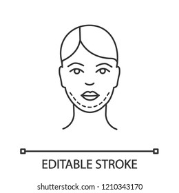 Double chin surgery linear icon. Thin line illustration. Plastic surgery. Double chin removal. Genioplasty. Facelift surgical procedure. Contour vector isolated outline drawing. Editable stroke