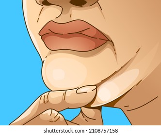 Double chin. The woman shows the age problems on her face. Healthcare illustration. Vector illustration. 