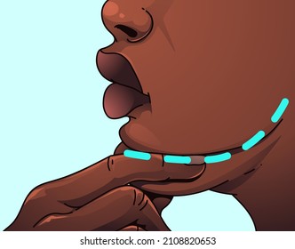 Double chin. The woman shows the age problems on her face. Healthcare illustration. Vector illustration. 