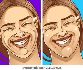 Doppeltes Kinn. Falten. Vorher, nach. Die Frau zeigt die Altersprobleme auf ihrem Gesicht. Illustration im Gesundheitswesen. Vektorgrafik.