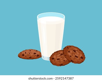 Double chocolate cookies and glass of fresh milk isolated on blue background. Vector cartoon flat illustration. Sweet cookie icon.