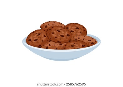  Double chocolate cookies in plate. Vector cartoon flat illustration of sweet biscuits. 