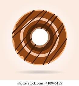 Double Chocolate Donut - Milk Chocolate Icing With Dark Chocolate Drizzle. Flat Design Vector Illustration.