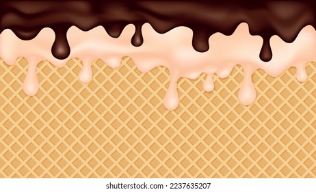 Double chocolate and vanilla ice cream melted on a waffle cone background.