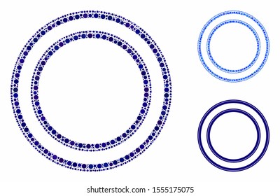 Double circle frame composition of round dots in different sizes and shades, based on double circle frame icon. Vector round dots are combined into blue illustration.