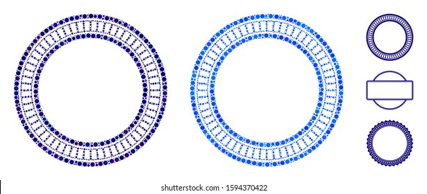 Double circle frame composition of small circles in variable sizes and color tinges, based on double circle frame icon. Vector small circles are united into blue composition.