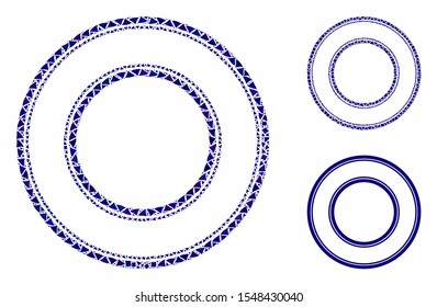 Double circle frame composition of trembly parts in variable sizes and color tints, based on double circle frame icon. Vector ragged parts are organized into composition.