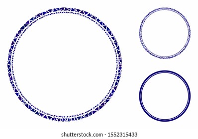 Double circle frame composition of unequal elements in variable sizes and color tints, based on double circle frame icon. Vector humpy dots are combined into composition.
