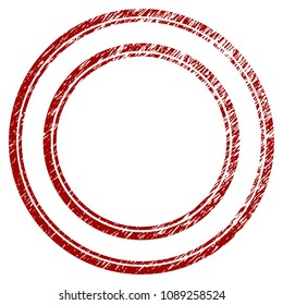 Double circle frame distress textured template. Vector draft element with grainy design and distressed texture in red color. Designed for overlay watermarks and rubber seal imitations.