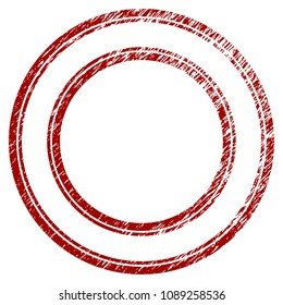 Double circle frame grunge textured template. Vector draft element with grainy design and distressed texture in red color. Designed for overlay watermarks and rubber seal imitations.
