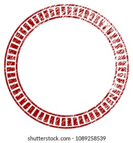 Double circle frame grunge textured template. Vector draft element with grainy design and dirty texture in red color. Designed for overlay watermarks and rubber seal imitations.