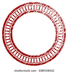 Double circle frame grunge textured template. Vector draft element with grainy design and dirty texture in red color. Designed for overlay watermarks and rubber seal imitations.