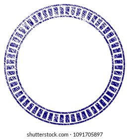 Double circle frame grunge textured template. Vector draft element with grainy design and unclean texture in blue color. Designed for overlay watermarks and rubber seal imitations.