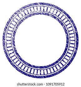 Double circle frame grunge textured template. Vector draft element with grainy design and corroded texture in blue color. Designed for overlay watermarks and rubber seal imitations.