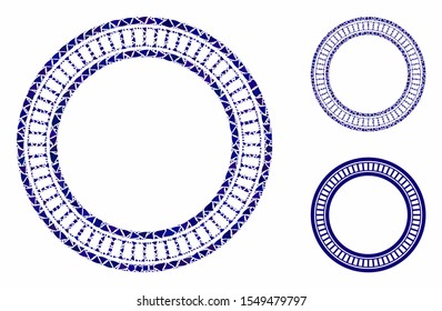 Double circle frame mosaic of humpy elements in different sizes and color hues, based on double circle frame icon. Vector trembly elements are organized into collage.