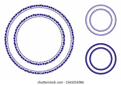 Double circle frame mosaic of raggy items in various sizes and color tinges, based on double circle frame icon. Vector uneven items are combined into collage.