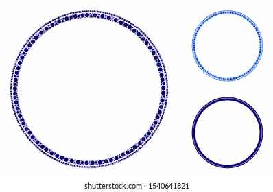 Double circle frame mosaic of spheric dots in different sizes and color hues, based on double circle frame icon. Vector round dots are grouped into blue mosaic.