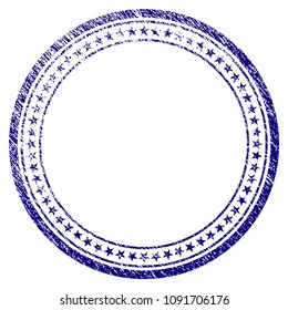 Double circular star frame grunge textured template. Vector draft element with grainy design and unclean texture in blue color. Designed for overlay watermarks and rubber seal imitations.