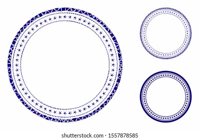 Double circular star frame mosaic of humpy pieces in variable sizes and shades, based on double circular star frame icon. Vector humpy items are grouped into mosaic.