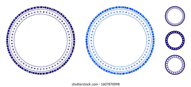 Double circular star frame mosaic of small circles in variable sizes and color tones, based on double circular star frame icon. Vector filled circles are united into blue mosaic.