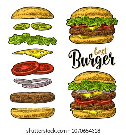 Double and classic burger with flying ingredients include bun, tomato, salad, cheese, onion, cucumber. Best burger lettering. Vector color vintage engraving Illustration isolated on white background