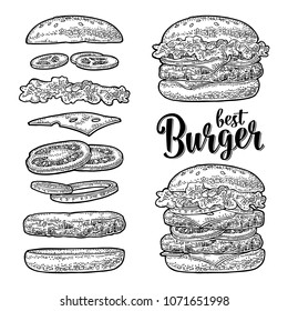 Double and classic burger with flying ingredients include bun, tomato, salad, cheese, onion, cucumber. Best burger lettering. Vector black vintage engraving Illustration isolated on white background