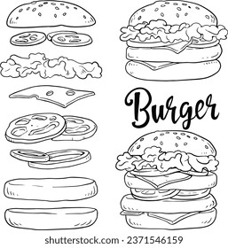 Double and classic burger with flying ingredients include bun, tomato, salad, cheese, onion, cucumber. Best burger lettering. Illustration isolated on white background. line vector set 