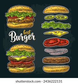 Hamburguesa doble y clásica con ingredientes voladores que incluyen pan, tomate, ensalada, queso, cebolla, pepino. La mejor letra de hamburguesa. Ilustración de grabado vintage de color vectorial aislado en oscuro