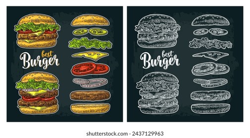 Double and classic burger with flying ingredients include bun, tomato, salad, cheese, onion, cucumber. Best burger lettering. Vector color vintage engraving illustration isolated on dark