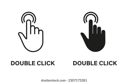 Doble clic en Gesto, Cursor de mano de la línea del ratón del equipo y conjunto de iconos negros de la silueta. Pictograma del dedo del puntero. Doble Prensa, Batido, Tocante, Punto, Signo Tap. Ilustración de vectores aislados.